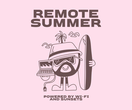 Summer Vacation T-shirt Design for Print. Retro Remote Summer, Summer Cartoon Vector Illustration. Clothing Apparel Design for Brand, Tropical, Beach, Remote Worker, Digital Nomad Graphic Tee