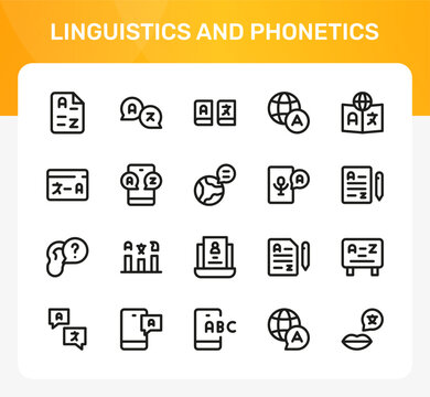 Linguistics and Phonetics icon set. Editable line icons. Professional and modern outline icon pack vector illustration featuring syllable division and word stress accent marks in a sleek design.