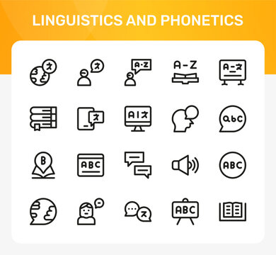 Linguistics and Phonetics icon set. Editable line icons. Professional and modern outline icon collection vector illustration including conversational discourse analysis and text bubble graphics
