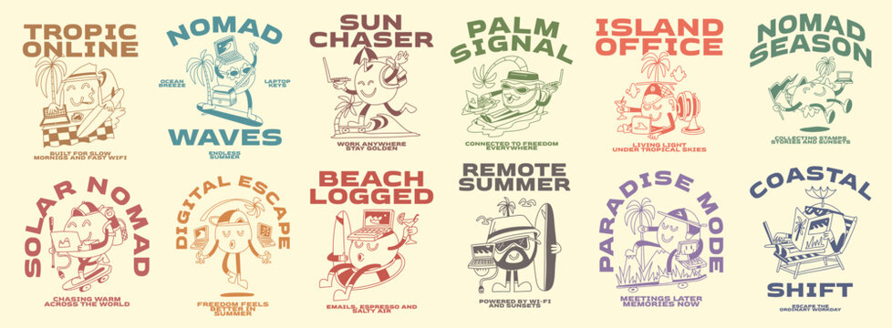 Summer Vacation T-shirt Designs Bundle for Print. Retro Summer Cartoon Vector Illustration Set. Clothing Apparel Design Packs for Brand, Tropical, Beach, Remote Worker, Digital Nomad Graphic Tee