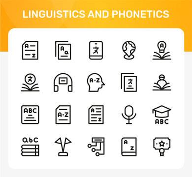 Linguistics and Phonetics icon set. Editable line icons. Professional and modern outline icon collection vector illustration displaying morphology root words and prefix suffix elements
