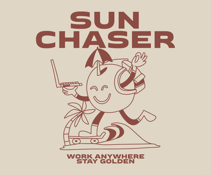 Sun Chaser, Summer Vacation T-shirt Design for Print. Retro Summer Cartoon Vector Illustration. Clothing Apparel Design for Brand, Tropical, Beach, Remote Worker, Digital Nomad Graphic Tee
