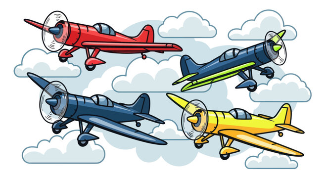 Vintage Biplanes Flying in Clouds - Retro Aviation Art