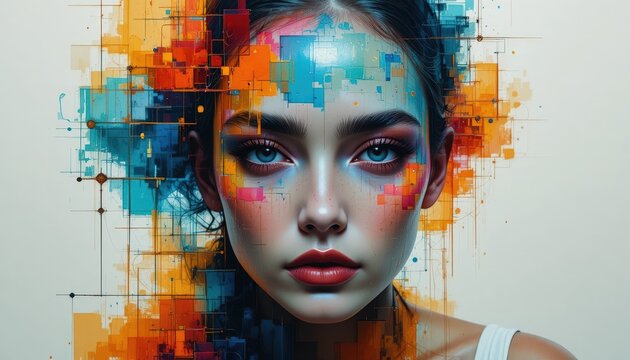 Close-up portrait of a young woman with expressive colorful abstract face art in vivid hues