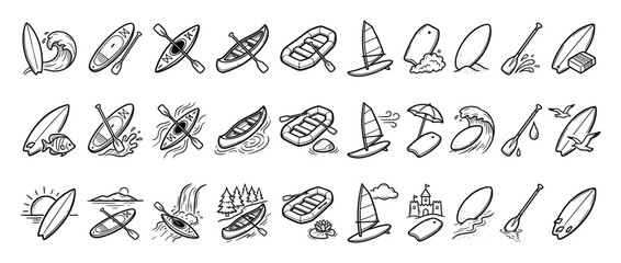Fototapeta premium Set of Water Sports Recreation Icons. Summer vacation symbols. Surfboard, paddleboard, kayak, canoe, inflatable boat, windsurfer, bodyboard pictograms. Ocean, lake, river adventure line art