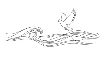 Fototapeta premium Dove flying over ocean waves, line art illustration