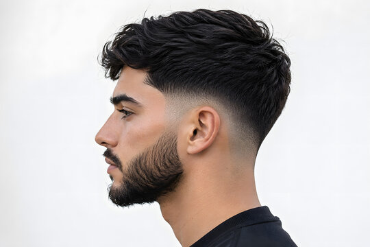Mens Wavy Hairstyle with Low Fade and Groomed Beard
