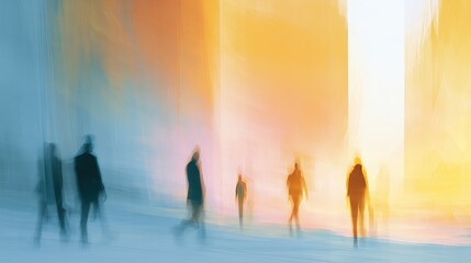 Fototapeta premium Abstract Motion Blur of People Walking in Futuristic Corporate Urban City. Light airy Space
