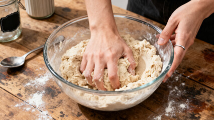 Fototapeta premium A person kneads dough in a glass bowl on a wooden table with a spoon nearby.
