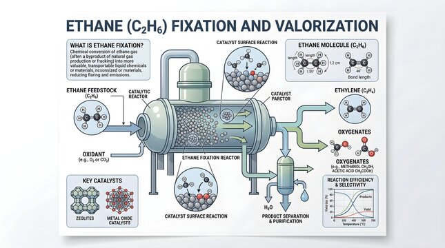 Ethane (C₂H₆) Fixation and Valorization: Conceptual Reactor Illustration Showing Catalyst Surfaces, Reaction Pathways, Intermediate Species and Conversion of a Simple Alkane Gas into Higher‑Value Chem