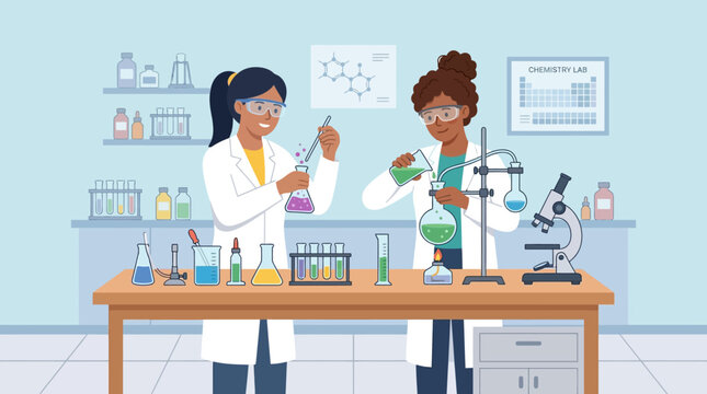 Diverse scientists in lab conducting experiments, education concept