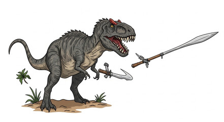 Tyrannosaurus Rex Dinosaur Holding Medieval Sword and Spear. © Jefri