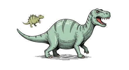 Tyrannosaurus Rex Dinosaur Illustration With Small Dinosaur. © Jefri
