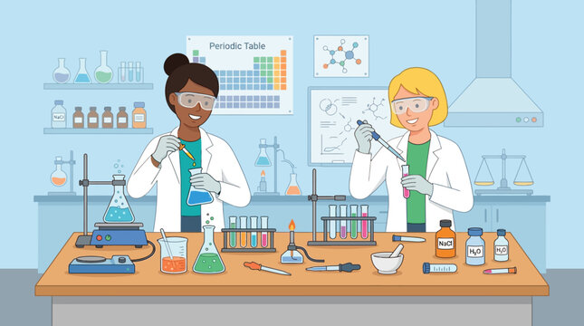 Diverse scientists in laboratory conducting experiments, science education concept