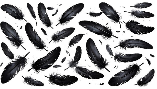 Black feathers float against a white backdrop, varying in size and orientation, creating a sense of movement and lightness