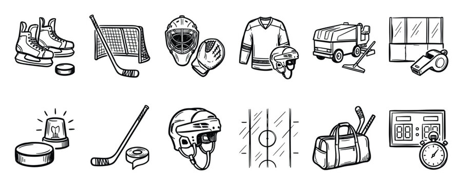 Ice hockey icons set. Hand drawn doodle line art symbols. Winter sport equipment, game gear, arena elements. Skates, puck, stick, helmet, jersey, scoreboard. Web, app graphic design symbols