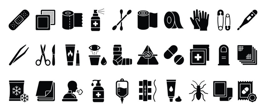 Set of first aid icons. Medical supplies, emergency kit, health treatment symbols. Bandage, plaster, spray, cotton swab, scissors, thermometer, cast, pills, gloves, antiseptic, burn cream, ice pack,