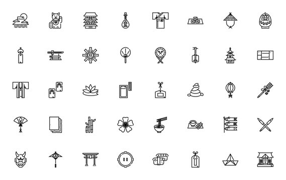 Japan icon set. Japanese culture vector icon pack. Minimalist thin line icons. Includes Fuji, Maneki, Castle, Kimono, Sushi, Kasa, Daruma, Wind bell, Katana, Pagoda, Tatami, Lantern, Origami and more.