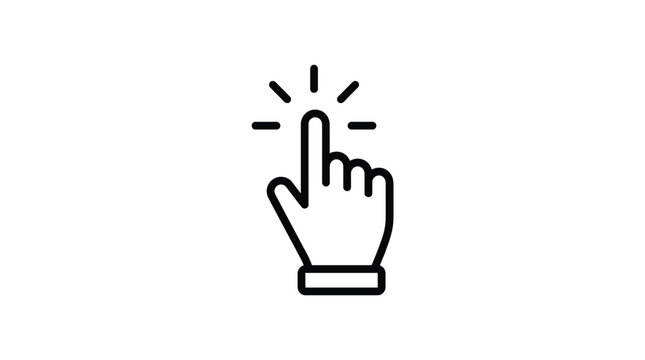 A stylized graphic icon of a white hand with a pointing finger and radiating lines indicating an action or selection, isolated on a soft blue background.