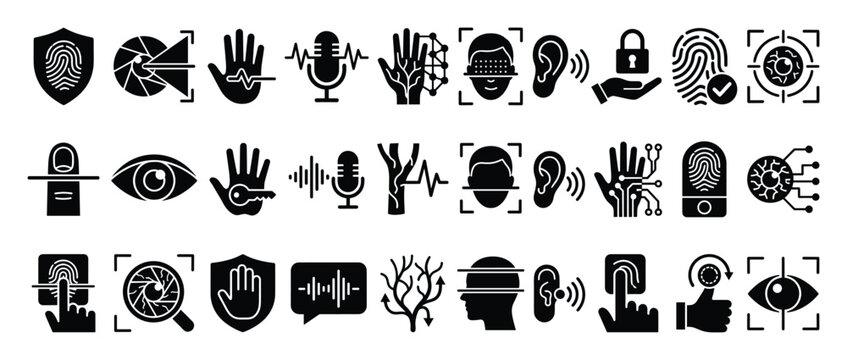 Set of Biometric Identification icons. Personal security authentication technology, access control verification symbols. Fingerprint, face recognition, iris scan, voice, hand geometry, vein pattern,