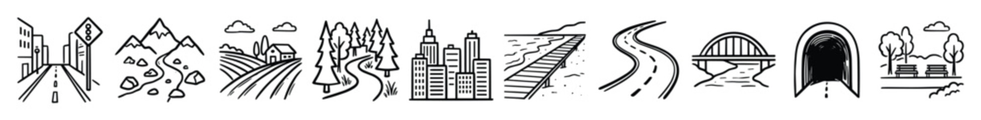 Obraz premium Set of travel landscape icons. Road, mountain, city, park, bridge, tunnel, forest, farm, street, pier symbols. Outline vector collection for navigation, map, journey, and destination themes.