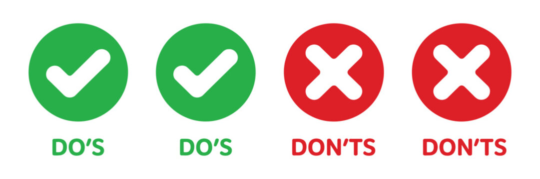 Dos and donts icon set with Green Check Marks and Red Cross symbols for Rules Guidance Permission and Prohibition design.