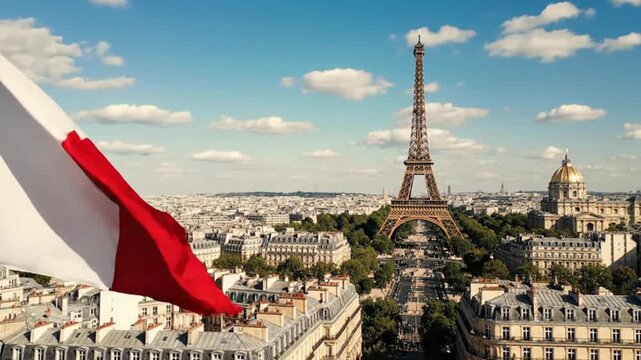 French flag waving over the paris cityscape with the eiffel tower