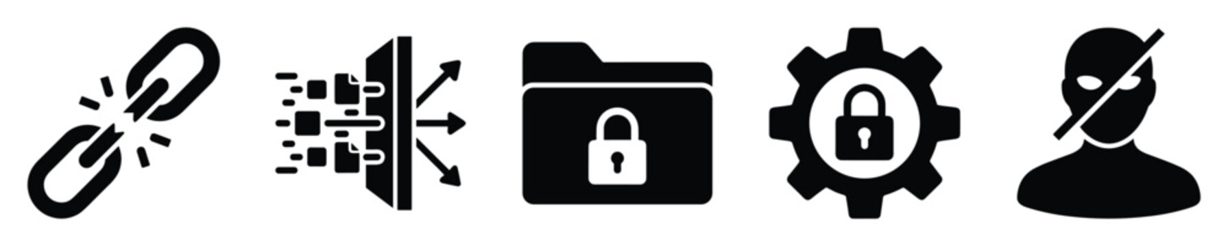 Set of cybersecurity icons. Digital protection, data privacy, secure network, information safety symbols. Broken link, firewall, locked folder, secure settings, antihacker vector collection for web