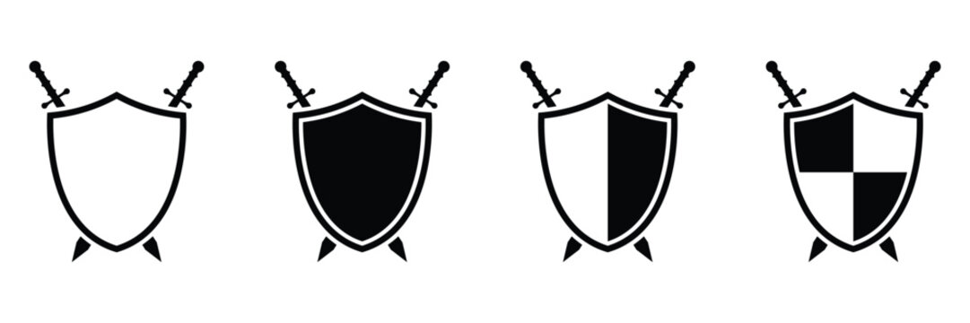 Classic medieval shield with crossed swords vector icon set for protection and heraldry symbols