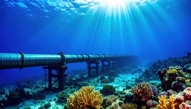 Underwater industrial pipeline extending over a vibrant tropical coral reef illuminated by bright sunrays in crystal clear blue ocean