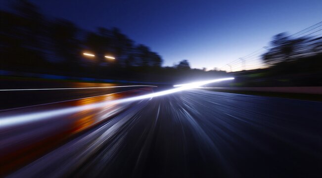 Long exposure nighttime highway driving showing light trails from moving vehicles on a dark road
