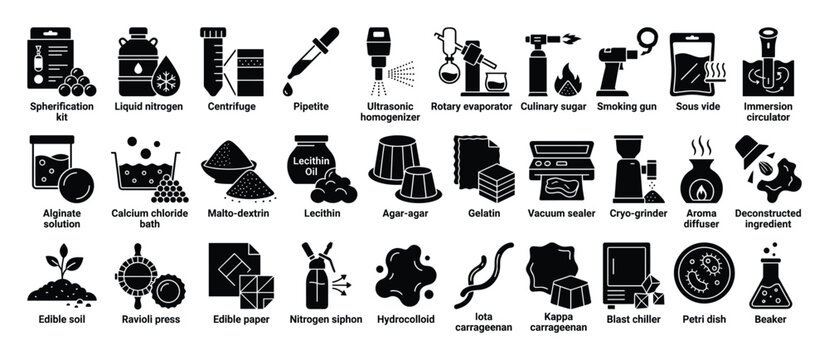 Set of molecular gastronomy icons. Culinary science, food technology, modern cooking techniques, kitchen equipment, experimental cuisine ingredients, laboratory tools.