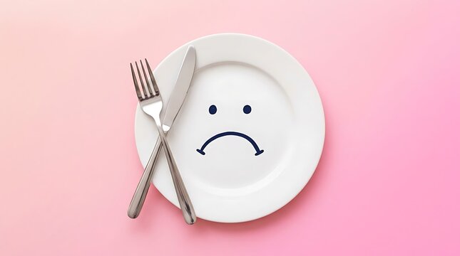 Sad face drawn on empty plate with fork and knife