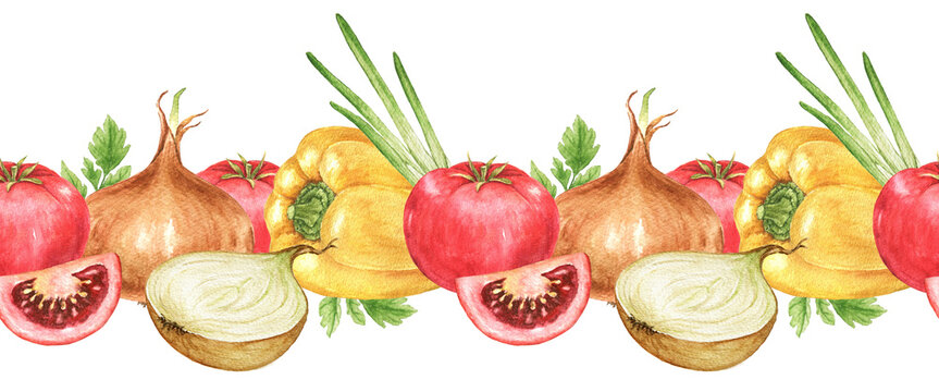 Watercolor seamless vegetable border with tomatoes, onions, peppers and herbs. Horizontal illustration for food themes, Thanksgiving menus, labels and seasonal kitchen projects.