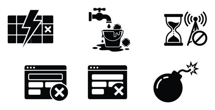 Set of failure and error icons. System problems, internet connection outage, data leak, critical warning, cybersecurity threat, website crash symbols. Web, app, UI, mobile interface elements.
