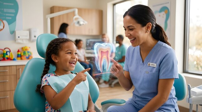 Happy child learning about dental health with futuristic hologram tooth display in modern pediatric clinic