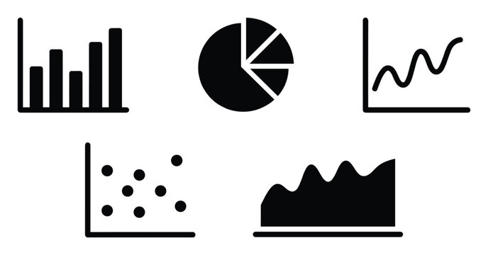 Set of data visualization icons. Bar chart, pie graph, line diagram, scatter plot, area chart symbols. Business statistics, analytics, report presentation, infographic set.
