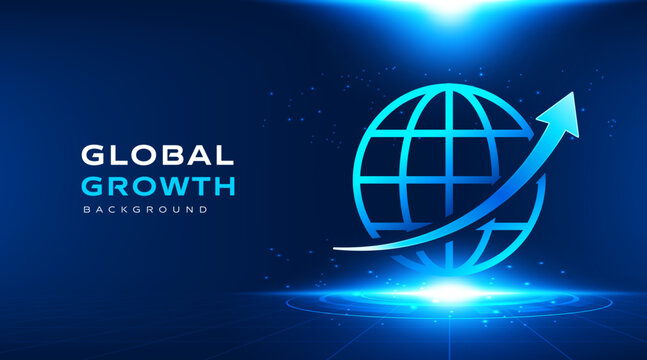 Global growth vector banner with abstract blue digital earth globe icon and rising up arrow.Futuristic technology background for business presentation, network communication and financial success