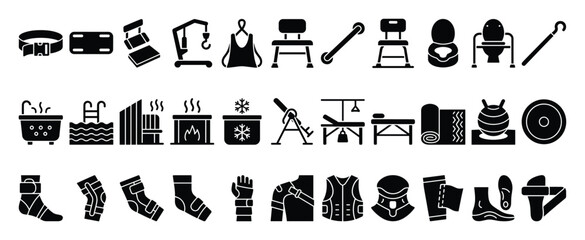 Fototapeta premium Set of rehabilitation icons. Physical therapy, medical equipment, recovery aids, wellness symbols. Disability support, health care, senior living, injury treatment, therapy devices. Glyph, solid,