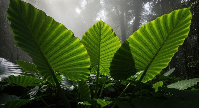 Giant Elephant Ear Leaves in Tropical Sunlight