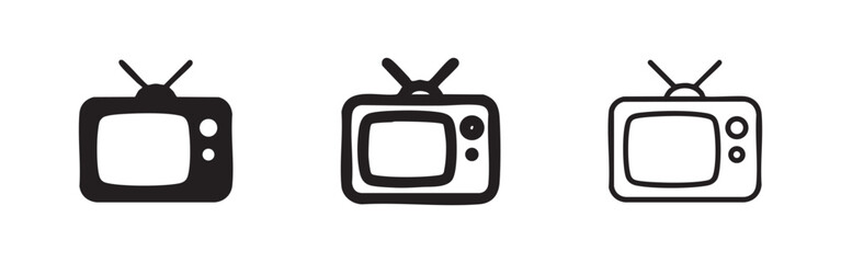 Naklejka premium Retro TV television receiver icon set with various styles - solid, outline, and thick line.
