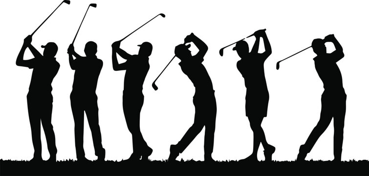 golfers silhouette set with various swing poses and clubs featuring sports, golf, players with action and black
