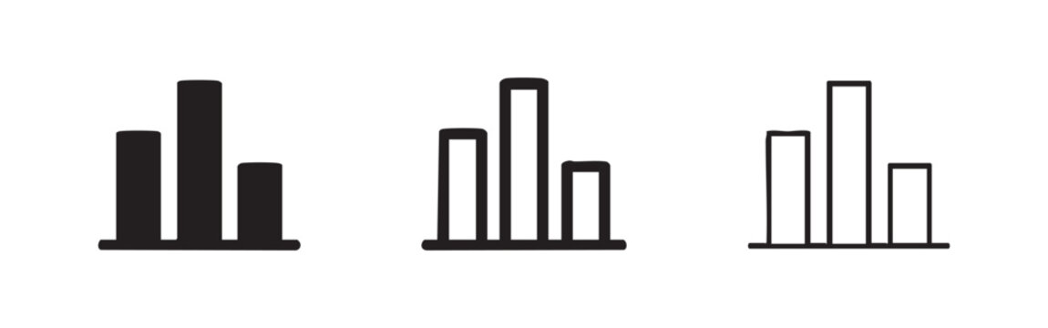 Bar chart or histogram icon set in solid, outline, and thick line styles, representing data, statistics, and analytics.