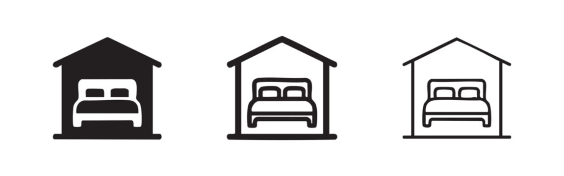 Bedroom icon set. House with bed symbol for accommodation and lodging.