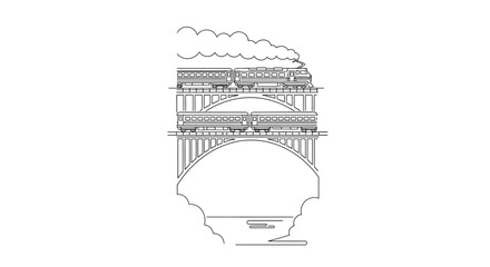 Vintage steam locomotive train crossing a stone arch bridge line art illustration. © caca