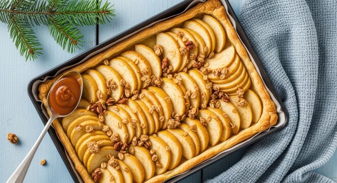 Freshly baked apple tart with caramel sauce and granola on a rustic wooden table