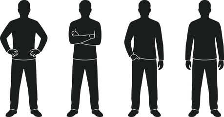 Silhouette illustration of four standing human figures in diverse postures and stances, isolated on white background, representing body language design © AB Razzak