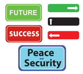 Fototapeta premium Colorful directional signs saying future,success,peace and security - for goals and direction