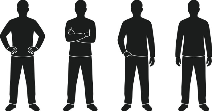 Silhouette illustration of four standing human figures in diverse postures and stances, isolated on white background, representing body language design