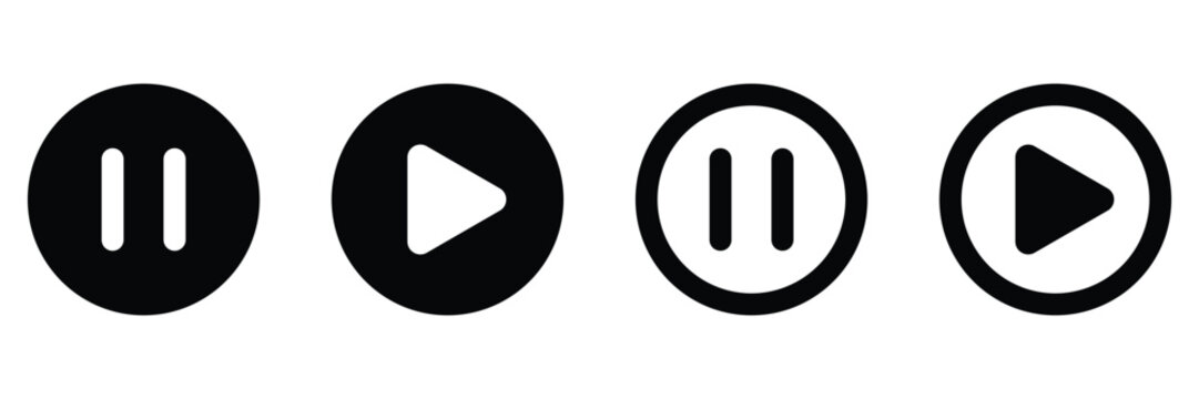 Modern media player pause and play control buttons with solid and outlined styles perfect for user interface design